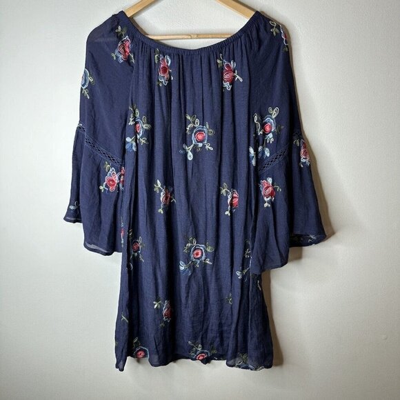 Anthropologie Fig & Flower Dress Womens Blue Floral Embroidered Lined Boho Sz M - Picture 7 of 10